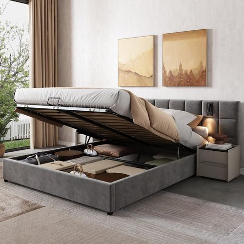MODFU Polsterbett Doppelbett 160×200cm mit richtungsabhängige Lampe und USB-Aufladung, Hydraulisches Stauraumbett mit Bettkasten und Großer chachbrettmuster Kopfteil , Samt Grau(Ohne Matratze)