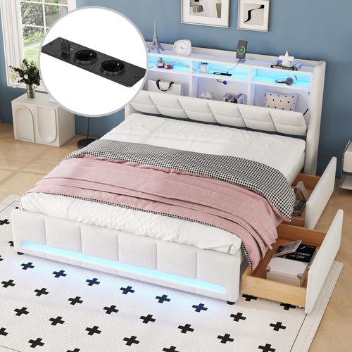 Merax Polsterbett 140x200 cm, Bett mit LED-Beleuchtung, USB Steckdose, Flachbett mit Schubladen, Regal und Staufach, Leinen, Beige
