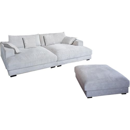 KAWOLA Big Sofa MADELINE Cord cremeweiß mit Hocker / 4 Zierkissen / Armlehntablett natur