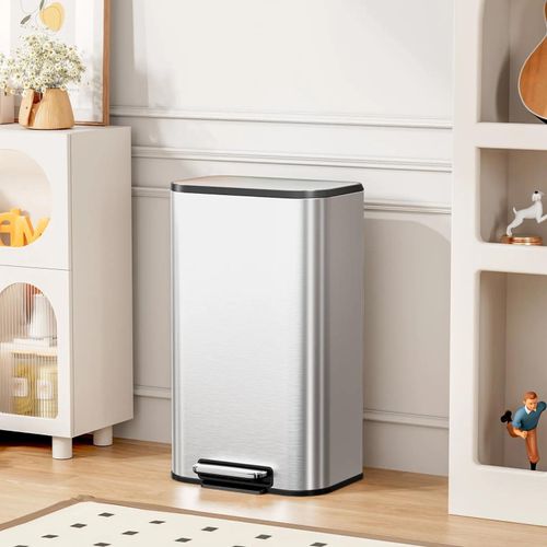 Abfalleimer - Pedal-Mülleimer - 50 l - Edelstahl - Fingerabdruckresistente matte Oberfläche - Rechteckig - Inneneimer - Silber