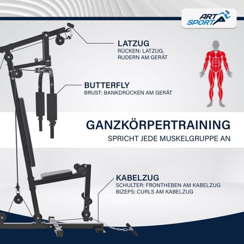 ArtSport Kraftstation ProfiGym 2000 mit Latzug- & Butterflystange, Seilzug & Beinstrecker - 9 Gewichte mit 40kg - Multistation Krafttraining Zuhause