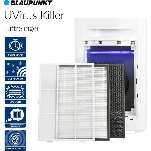 Blaupunkt UVirusKiller - Luftreiniger neuster Technologie besonders effektiv gegen Bakterien & Viren - Photokatalytischer Aktivkohlen & HEPA H13-Filter UVC-Lampe Ionisator - WLAN App 370m3/h [A+]