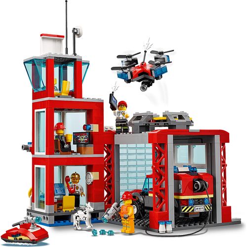 LEGO 60215 City Feuerwehr-Station, Feuerwehr-Spielzeug für Kinder mit Feuerwehrauto, Wasserscooter, Drohne, Licht-und Toneffekten und Minifiguren