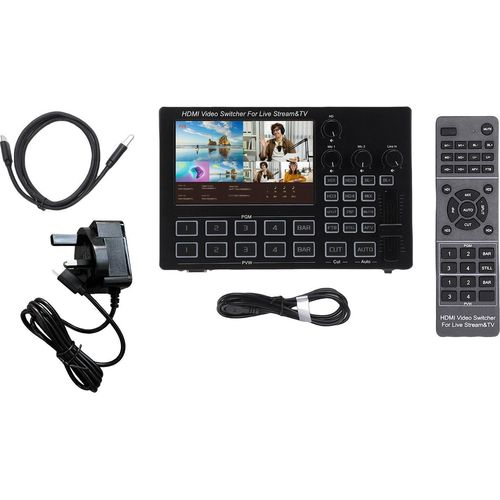 1080P Video Switcher 5 Inch Screen OSD 4 Channel HD Multimedia Interface Live Stream Switcher for Multi Camera Streaming Online Class GB Plug