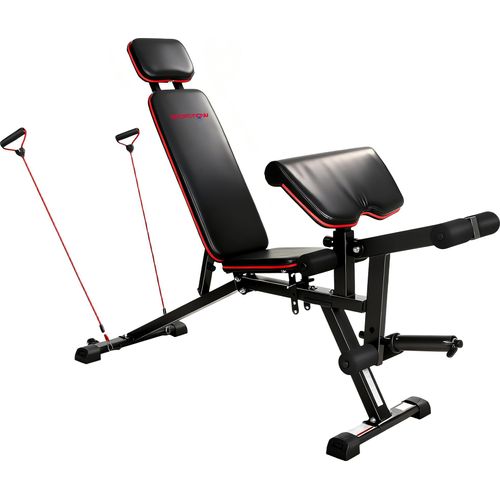 Hantelbank verstellbar bis 300 kg 3 in 1 Trainingsbank mit Rollen Beinstrecker Curlpult Kopfstütze Widerstandsbändern