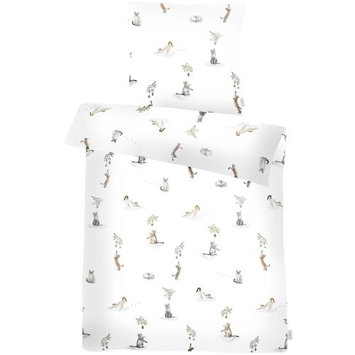 Bettwäsche APELT "Cats GOTS", weiß, B/L: 135cm x 200cm, 1 Stk., 1 Stk., Satin (Bio-Baumwolle), B/L: 80cm x 80cm, 2 Stk., Satin (Bio-Baumwolle), Obermaterial: 100% Baumwolle, Bettwäsche, Bettwäsche, Katzenmotive