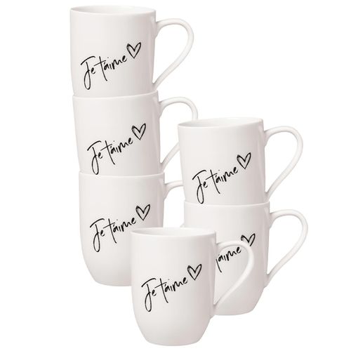 Becher VILLEROY & BOCH "Becher mit Henkel 'Je t'aime' Becher Liebe Statement 290 ml 6er Set weiß", weiß, 6 tlg., Porzellan, Trinkgefäße, Becher