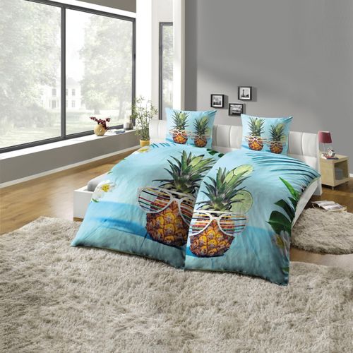 Partnerbettwäsche KINZLER "Partnerbettwäsche 4-teilig "Ananas", bunt, B/L: 135cm x 200cm, 2 Stk., 2 Stk., Microfaser, B/L: 80cm x 80cm & 80cm x 80cm, 4 Stk., Microfaser, Obermaterial: 100% Polyester, Bettwäsche, Pflegeleicht