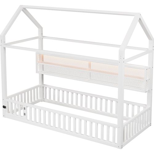 90x200 Hausförmiges Plattformbett mit Zaun und LED-Beleuchtung