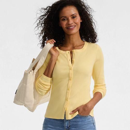 Rippshirt mit durchgehender Knopfreihe, Damen,  Gelb, Elasthan/Baumwoll-Mischung, by Lands' End
