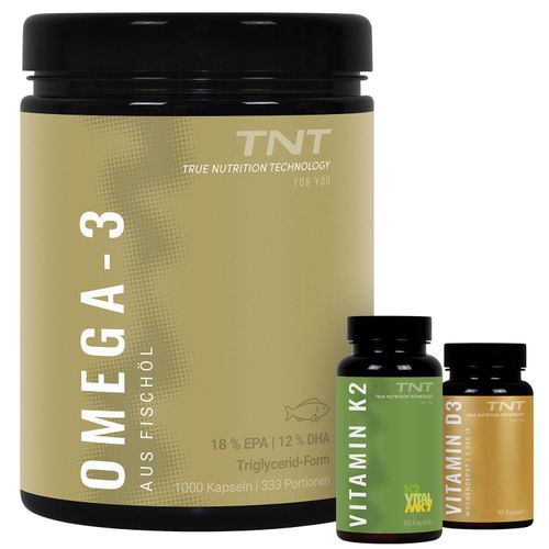 TNT O3-D3-K2 Bundle bestehend aus TNT Omega 3TG, Vitamin D3 & Vitamin K2 Kapseln Bundle ohne Geschmack