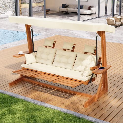 okwish Schaukelstuhl Massivholz Dreisitzer Integrierte Markise Ausziehbare Fußstütze Seitenablagen Terrasse Balkon Natur Kiefer Polyester