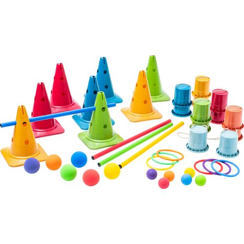 Betzold Kunterbunte Bewegungskiste, 43-teilig, Bewegungsspiel für Motorik/Geschicklichkeit