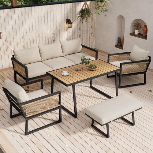 okwish Garten Lounge Set5er-Set, EssgruppeGartenmöbel Set, Balkonmöbel , Balkonset Outdoor Sitzgruppe mit Sesseln& EsstischTischplatte aus Kunststoffholz, Beige
