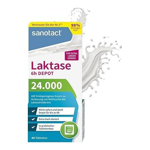 sanotact Laktase 24.000 6h DEPOT (6 x 40 Laktasetabletten) - Laktose Tabletten mit Depot-Wirkung - Bei Laktoseintoleranz & Milchunverträglichkeit