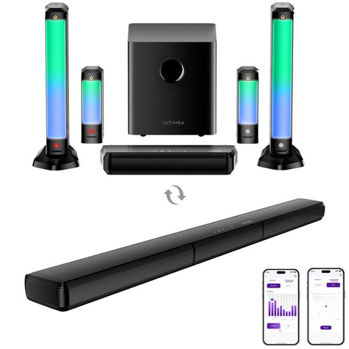 ULTIMEA 7.1ch abnehmbare Soundbar mit RGB Licht, Virtual Surround Sound System mit Subwoofer, 2 Surround Lautsprecher, 410W