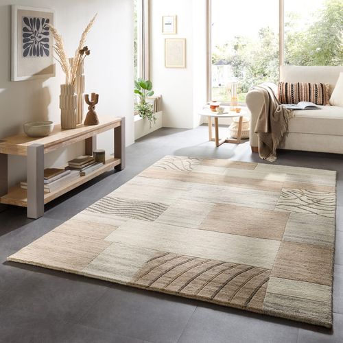 Wollteppich THEKO "Nakarta 2" Gr. 40, beige, B:90cm H:12mm L:160cm, Schurwolle, Teppiche, Wollteppich, reine Wolle, handgeknüpft, Naturtöne, Patchworkdesign, meliert