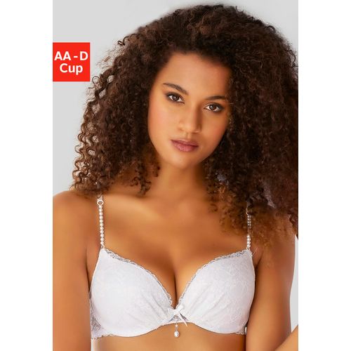 Push-up-BH LASCANA, Damen, Gr. 70, Cup D, weiß, Microtouch, Obermaterial: 60% Polyamid, 35% Polyester, 5% Elasthan, BHs Push-up-BH, mit einzigartigen Kunstperlen-Details, sexy Dessous