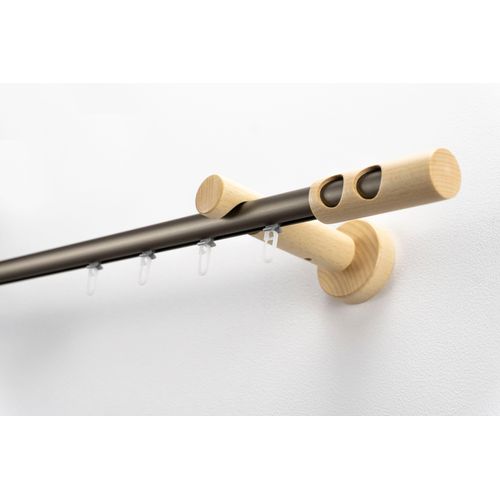 Gardinenstange GARESA "PANDORA", beige (mattchromfarben, natur), L:300cm Ø:20mm, Aluminium, Holzwerkstoff, Kunststoff, Gardinenstangen, Gardinenstange, Vorhanggarnitur,Innenlaufgarnitur, verlängerbar, Knopf m.runden Löcher
