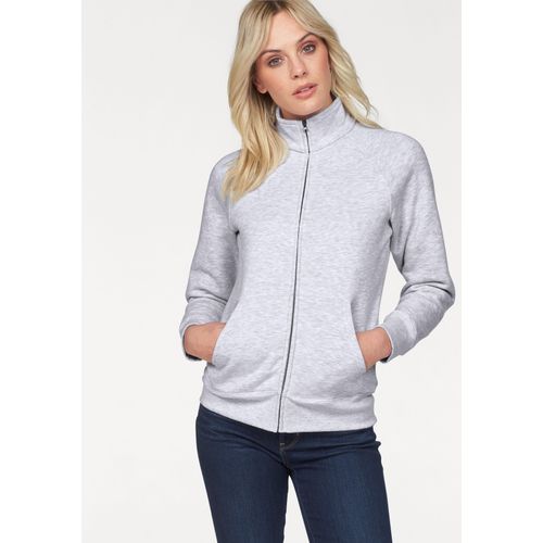 Sweatjacke FRUIT OF THE LOOM "Lady-Fit Premium Sweat Jacket", Damen, Gr. XS (34), grau (hellgrau, meliert), angeraute Sweatware, Obermaterial: 70% Baumwolle, 30% Polyester, meliert, Basic, figurbetont hüftbedeckend, Rundhals, Raglanärmel angesetztes Bündchen, Sweatjacken Sweatjacke, mit Reißverschluss, Topseller