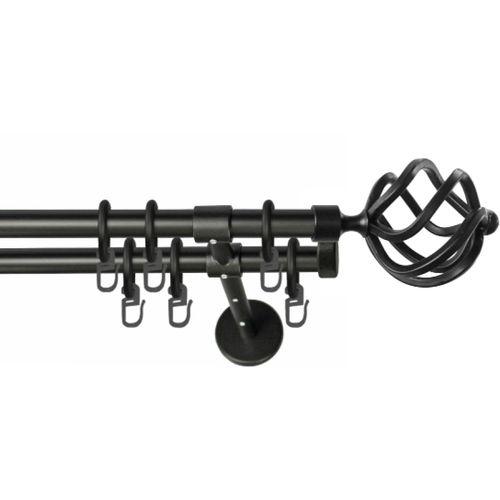 Gardinenstange GARESA "RUSTIKA", schwarz, L:340cm Ø:16mm, Metall, Gardinenstangen, Gardinenstange, rustikale Vorhanggarnitur, verlängerbar, m. Ringe, Endknopf Korb