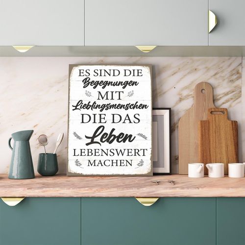 Metallbild QUEENCE "Begegnungen Spruch Stahlschild Blechschild", weiß (farbe bild(er): weiß), B:20cm H:30cm T:0,2cm, Blech, Metall, Bilder, Metallbild, 20x30x0,2cm - mit 4 Lochbohrung