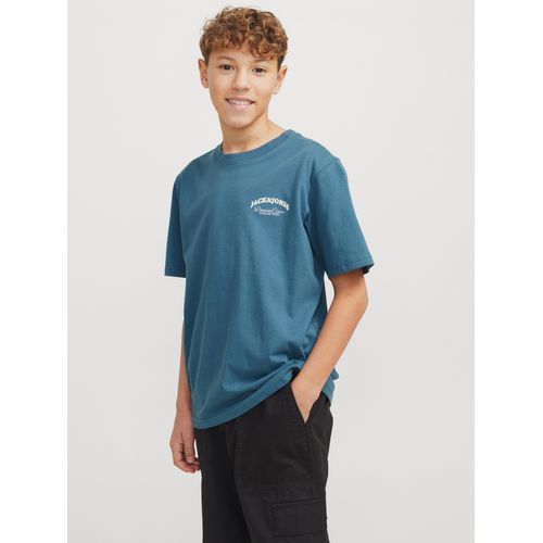 T-Shirt JACK & JONES JUNIOR "JJEBRANDES BACKP RELAXED TEE SS SN JNR", Jungen, Gr. 128, blau (oceanview), Single Jersey, Obermaterial: 100% Baumwolle, bedruckt, relaxed fit normal, Rundhals, Shirts T-Shirt