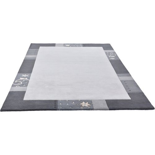 Wollteppich THEKO "Royal Ganges", silber (silberfarben), B:90cm H:13mm L:160cm, Viskose, Wolle, Teppiche, Wollteppich, 95% Wolle, mit Bordüre, ideal im Wohnzimmer & Schlafzimmer