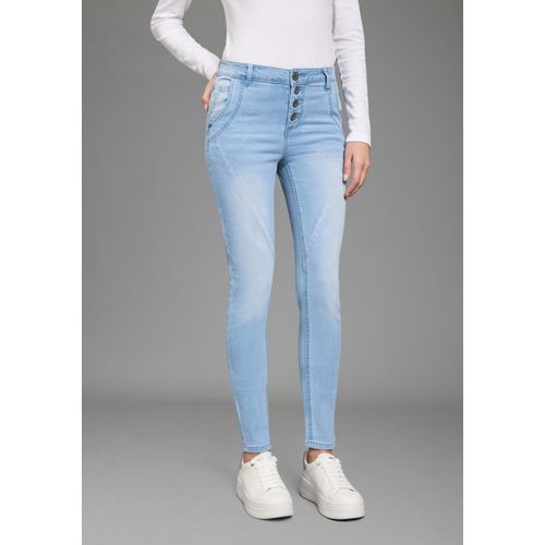 Skinny-fit-Jeans BRUNO BANANI, Damen, Gr. 34, N-Gr, blau (light blau used), Denim/Jeans, Obermaterial: 76% Baumwolle, 16% Polyester, 7% Viskose, 1% Elasthan, unifarben, Basic, extraeng lang, Jeans, extraenger Schnitt, normale Leibhöhe, mit Gesäß- und Eingrifftaschen
