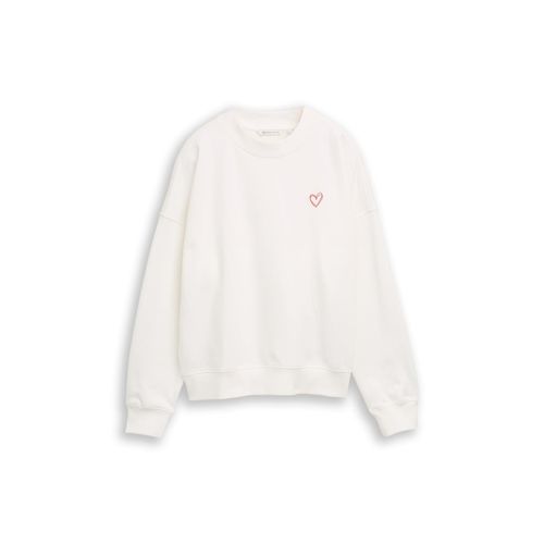 TOM TAILOR DENIM Damen Sweatshirt mit Herz-Detail, weiß, Uni, Gr. M