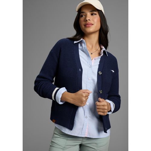 Cardigan KANGAROOS, Damen, Gr. 48/50, blau (marine), Grobstrick, Obermaterial: 50% Viskose, 28% Polyester, 22% Polyamid, lässig geschnitten taillenbedeckt, V-Ausschnitt, Rippbündchen, Strickjacken Cardigan, im College-Look, kurz und kastig geschnitten