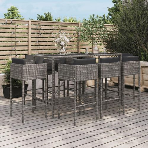[Home] 9-tlg. Gartenbar-Set mit Kissen Grau Poly Rattan , Neue Mode 2024 im häuslichen Leben