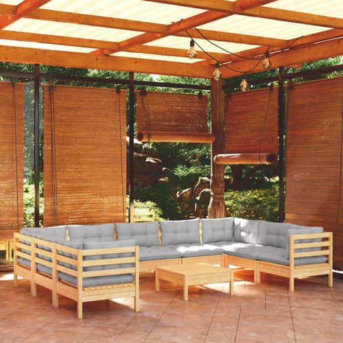 Möbel 10-tlg. Garten-Lounge-Set mit Grauen Kissen Kiefernholz - Balkonmöbel 3097324