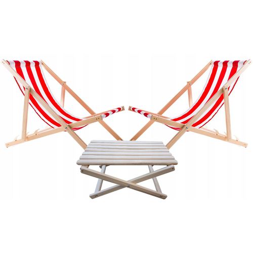 Set 2x Liegestühlen mit Couchtisch Tisch rot gestreift aus Holz