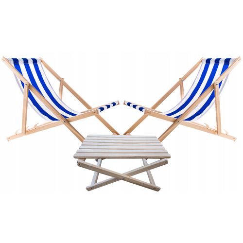 Set 2x Liegestühlen mit Couchtisch Tisch blau gestreift aus Holz