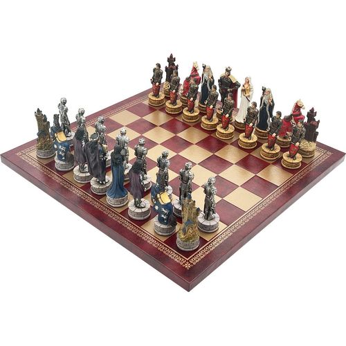 Italienische Schachfiguren König Arthur + Italienisches Schachbrett Aus Kunstleder Gold/Burgund 33