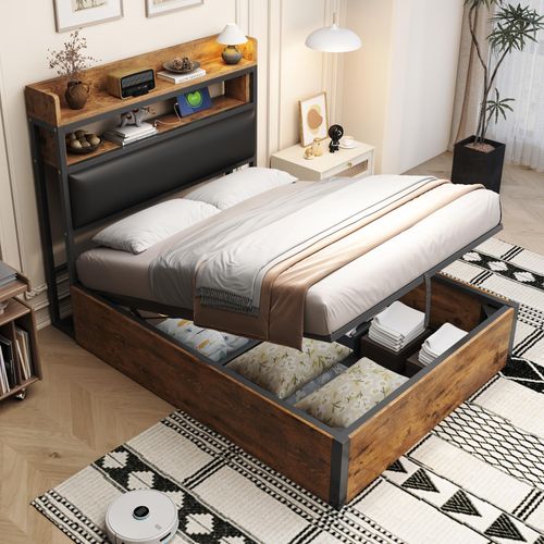 Polsterbett 90 x 200 mit hydraulischem Hubmechanismus, USB, gepolstertem Kopfteil, Retro-Holz- und Metalldesign,Schwarz