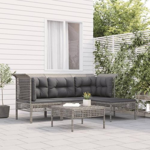 [Home] 5-tlg. Garten-Lounge-Set mit Kissen Grau Poly Rattan , Neue Mode 2024 im häuslichen Leben