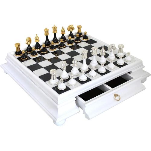 Italfama Schachspiel 47x47cm Holz-Marmor 24K Gold Silber 925 9cm