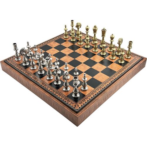 Italienisches Schachset Arabeskenfiguren+Schachbrett Kunstleder Braun/ Schwarz 48
