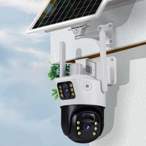 INF Solar Kamera mit Dual-Objektiv: WiFi CCTV mit 128GB Speicherkarte Weiß