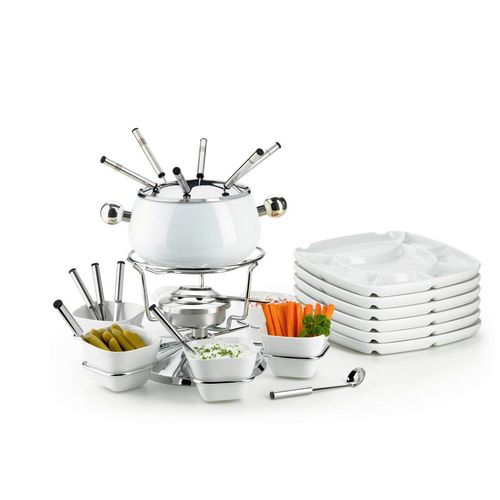 Mäser Fondueset, Weiß, Keramik, 28-teilig, 35.5x28x34.5 cm, Spritzschutz mit integrierter Gabelhalterung, Küchengeräte, Tischgrills & Fondues, Fondue-Sets