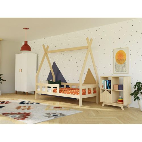 Kinder-Tipi-Bett FENCE 4-in-1 aus Holz mit Barriere 90x160 cm Weiß, Mit einer Barriere