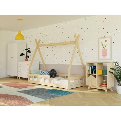 Niedriges Hausbett FENCE 6-in-1 in Tipi-Form mit Barriere 90x180 cm Beige, Mit einer Barriere