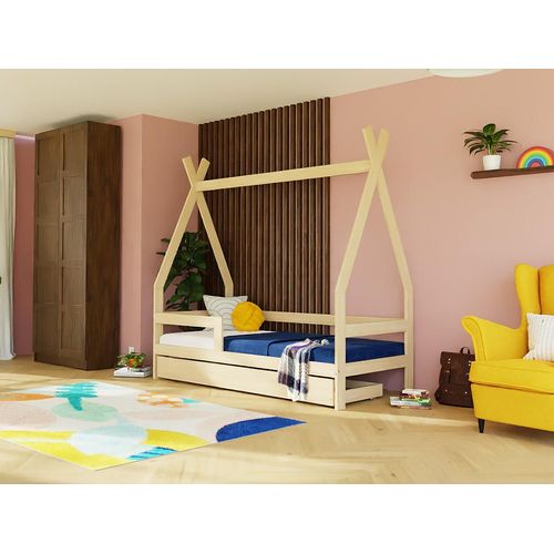 Kinderholzbett SAFE 5-in-1 in Tipi-Form mit Barriere und Aufbewahrungsschublade 90x160 cm Weiß, Mit zwei Barrieren