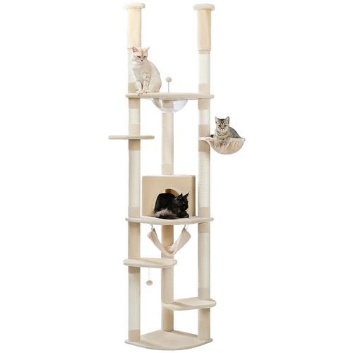 PAWZ Road XXL Katzenbaum 236-258cm mit Sisal-Kratzpfosten, Doppelkondo und Korb für Großkatzen
