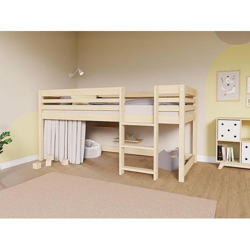 Niedriges Hochbett TULY mit Leiter 90x200 cm – Weiß – Links