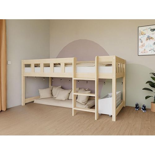 Niedriges Hochbett PLOTTY mit Leiter 90x200 cm – Weiß – Links
