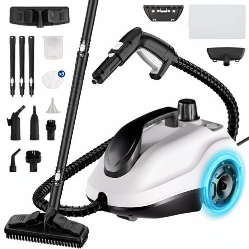 Dampfreiniger 2000W, 5 bar Dampfdruck, 2L Tank, ca. 3 Min. Aufheizzeit, bis 160℃, 19 Zubehör, mobile Reinigungsmaschine für Teppiche, Fenster,Vorhänge