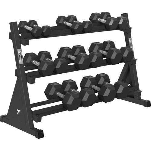 Tunturi Platinum Hexa Gummi Kurzhantel Sets inkl. Kurzhantelständer - (8 Sets - 2,5 bis 20 kg) - Schwarz